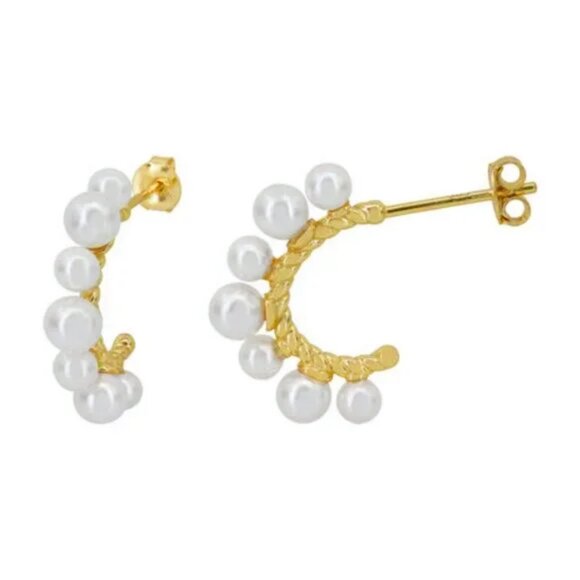 Sterling Silver with Real Gold Pearl Studded Hoop Earrings Stamped 925 - Picture 2 of 2